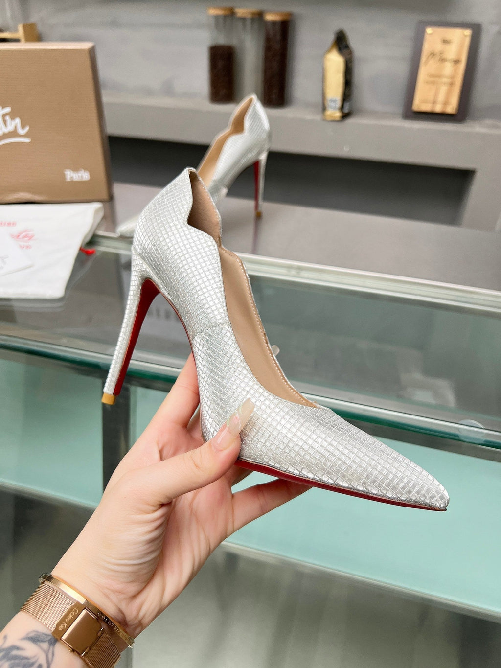 CL Hot Chick Pumps 100mm Sequin Fabric Silver
