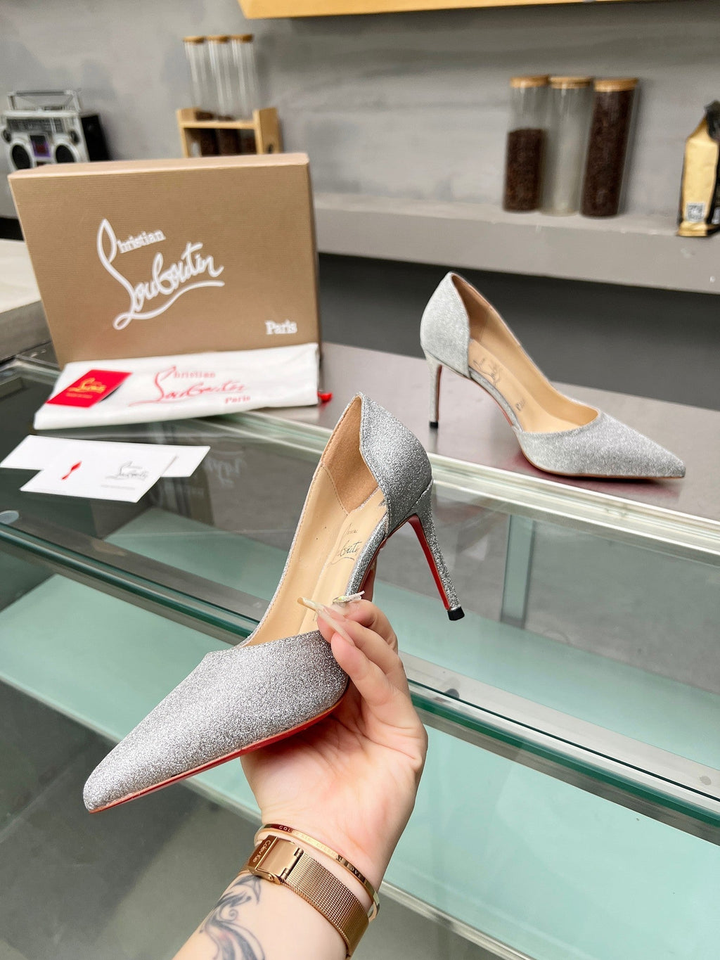 Cl Iriza 85mm Pumps Glittered Calf Leather Silver