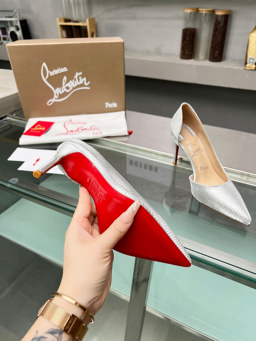 Cl Iriza 85mm Pumps Sequin Fabric Silver