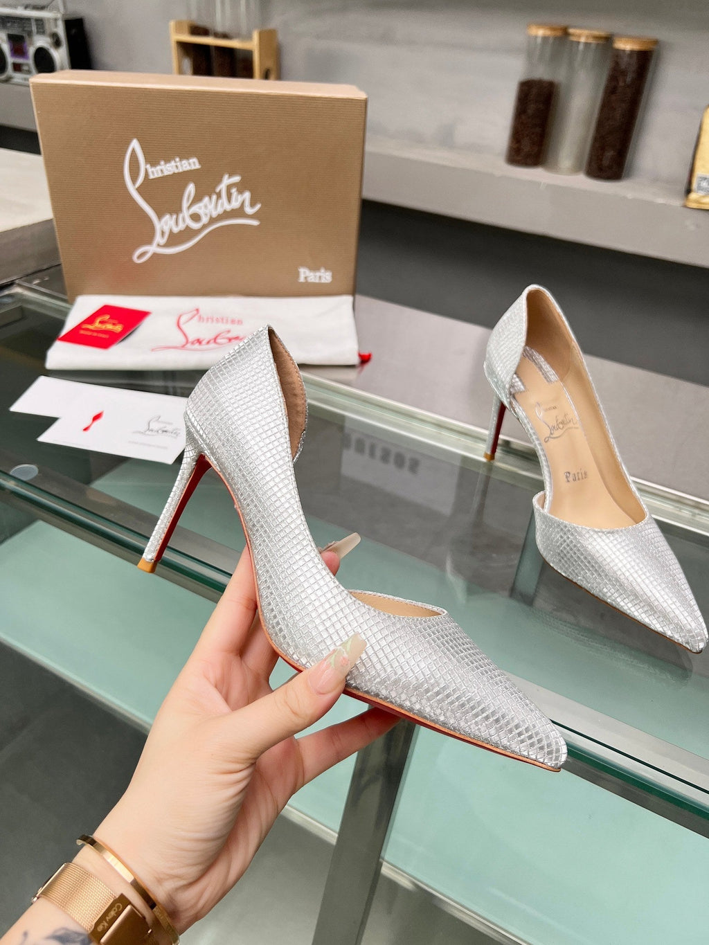 Cl Iriza 85mm Pumps Sequin Fabric Silver