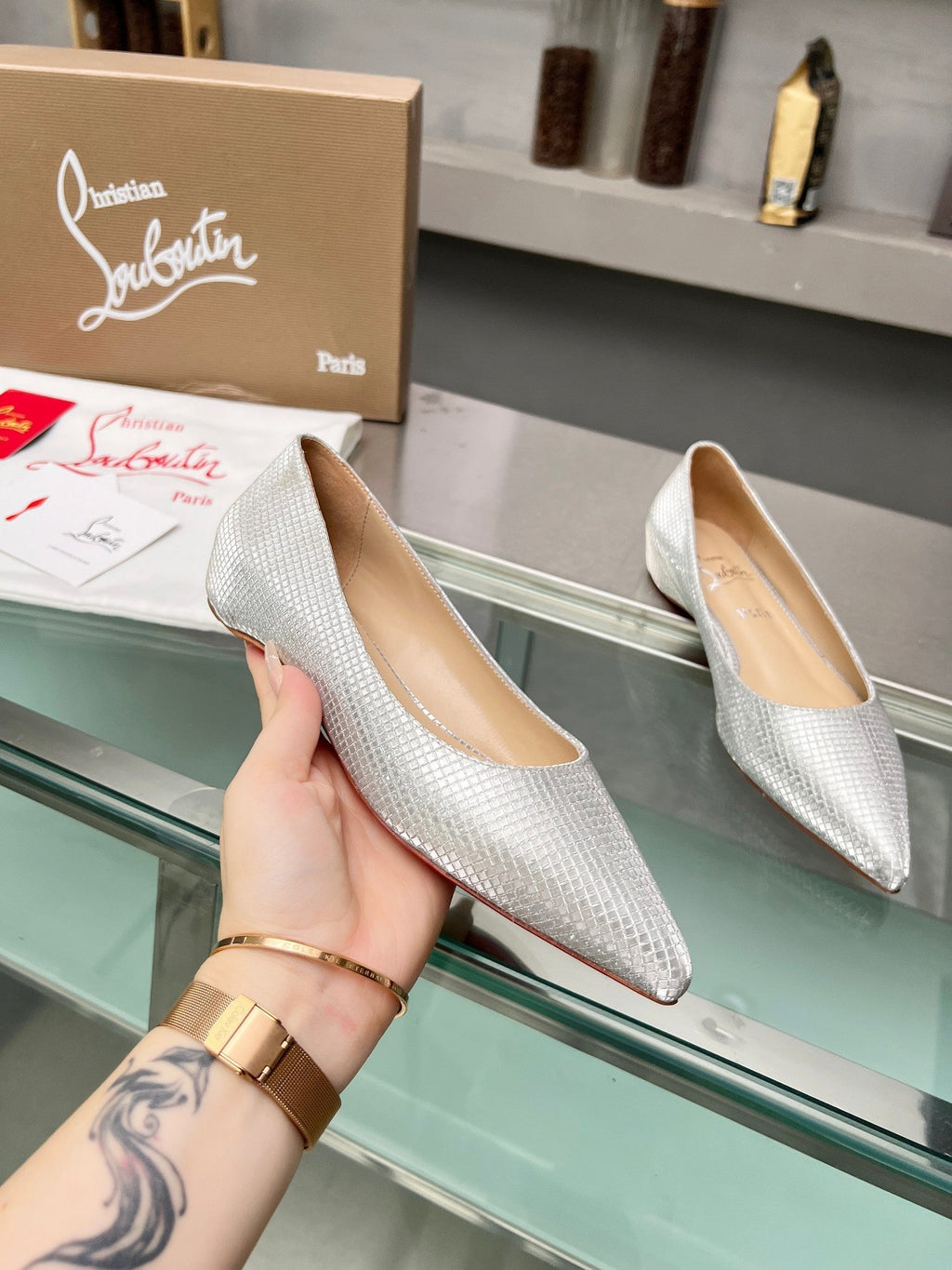 CL Kate Ballerina Flats Sequin Fabric Silver