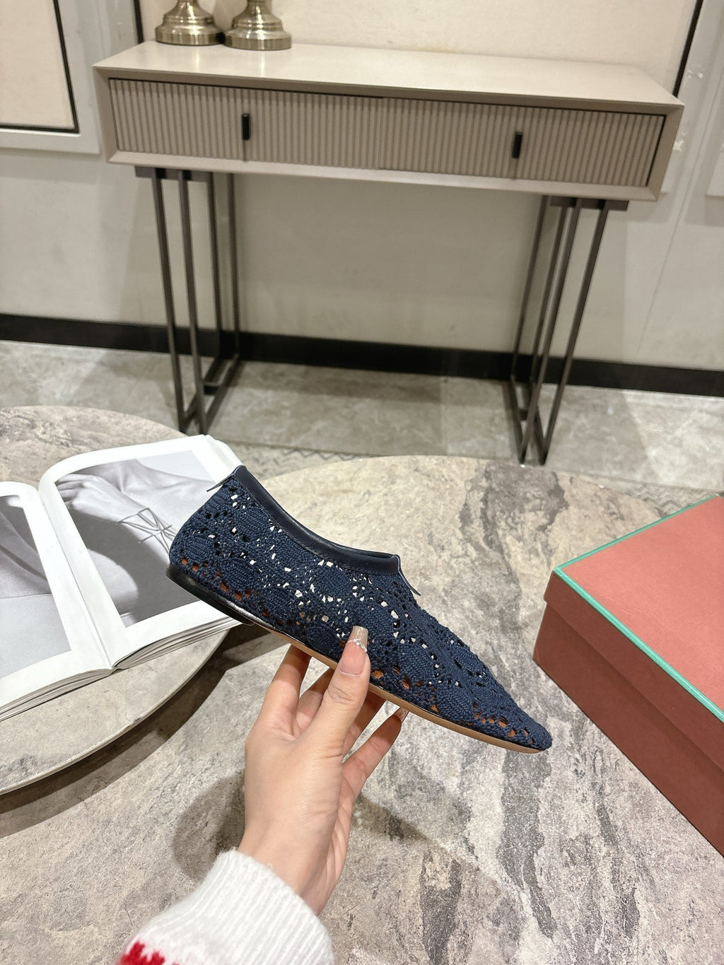 LP hollow knit ballet flats dark blue fabric 379029