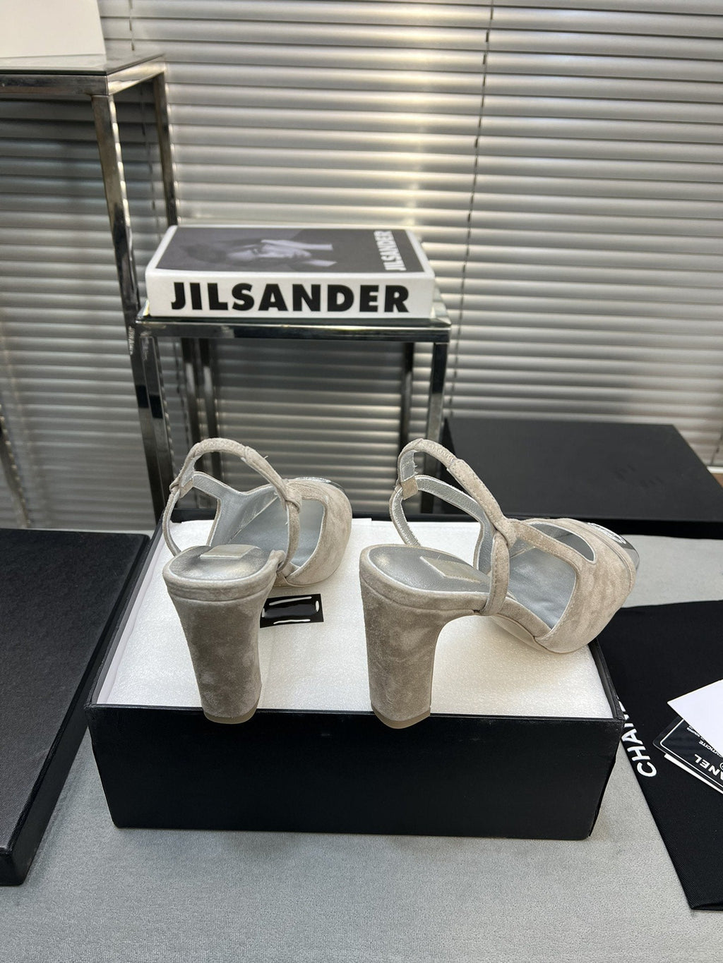 slingback grey suede silver metalic lambskin square toe 9.5