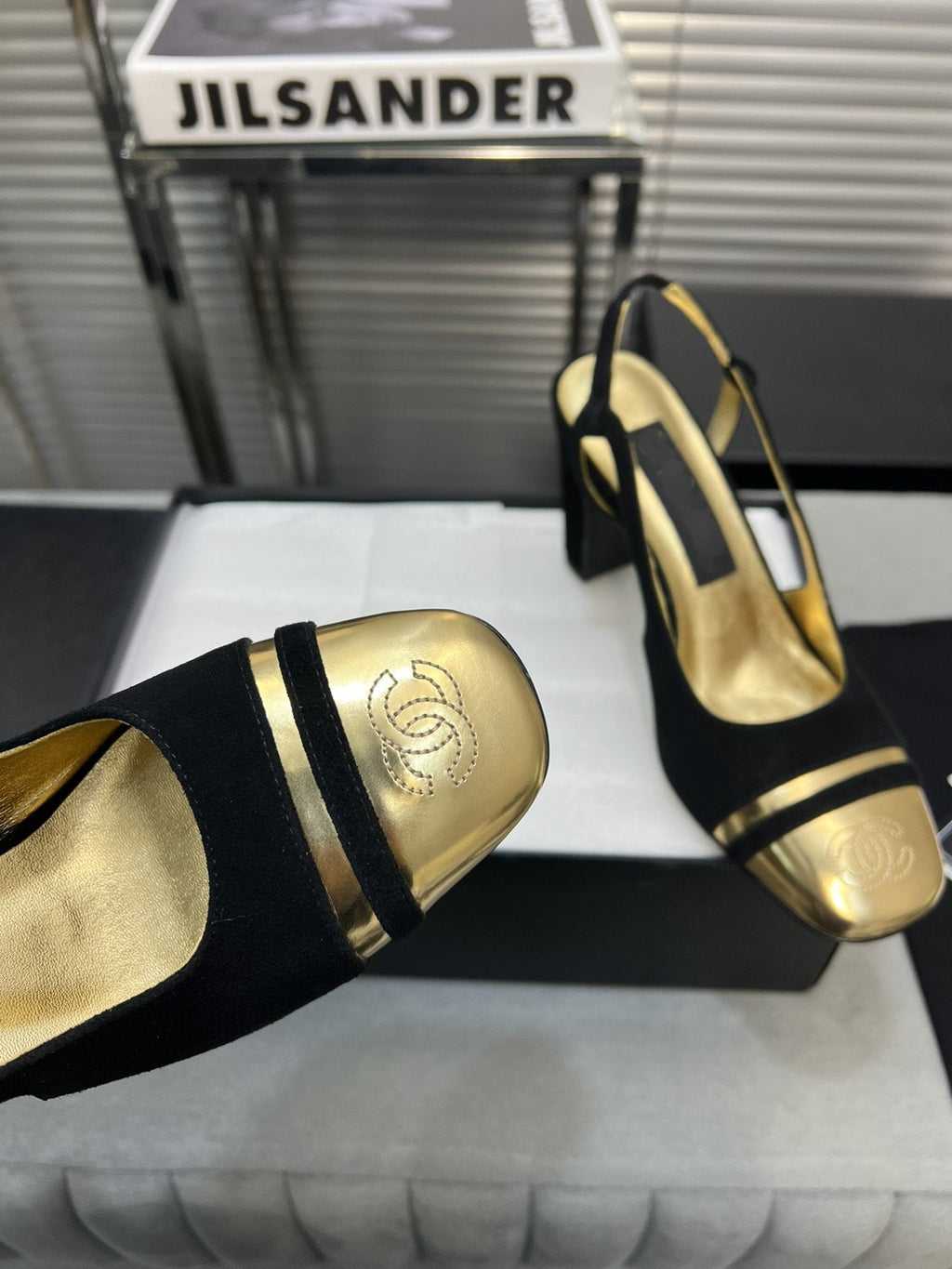 slingback black suede gold metalic lambskin square toe 9.5