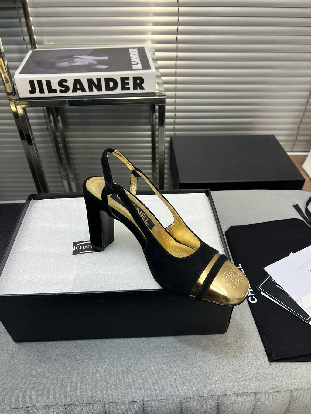 slingback black suede gold metalic lambskin square toe 9.5