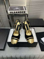 slingback black suede gold metalic lambskin square toe 9.5