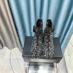 CC Ankle Boots Black Bow Tweed Sequin Beaded Fabric