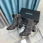 CC Ankle Boots Black Bow Tweed Sequin Beaded Fabric