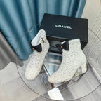CC Ankle Boots White Bow Tweed Sequin Beaded Fabric