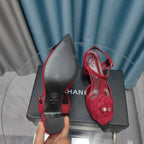 CC CAMELLIA SANDAL IN CHERRY RED SUEDE AND BLACK CALFSKIN WITH FLOWER