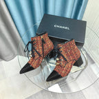 CC Ankle Boots Red Orange Tweed Fabric And Lambskin