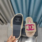 CC Slippers Beige Pink Text Fleece Wool