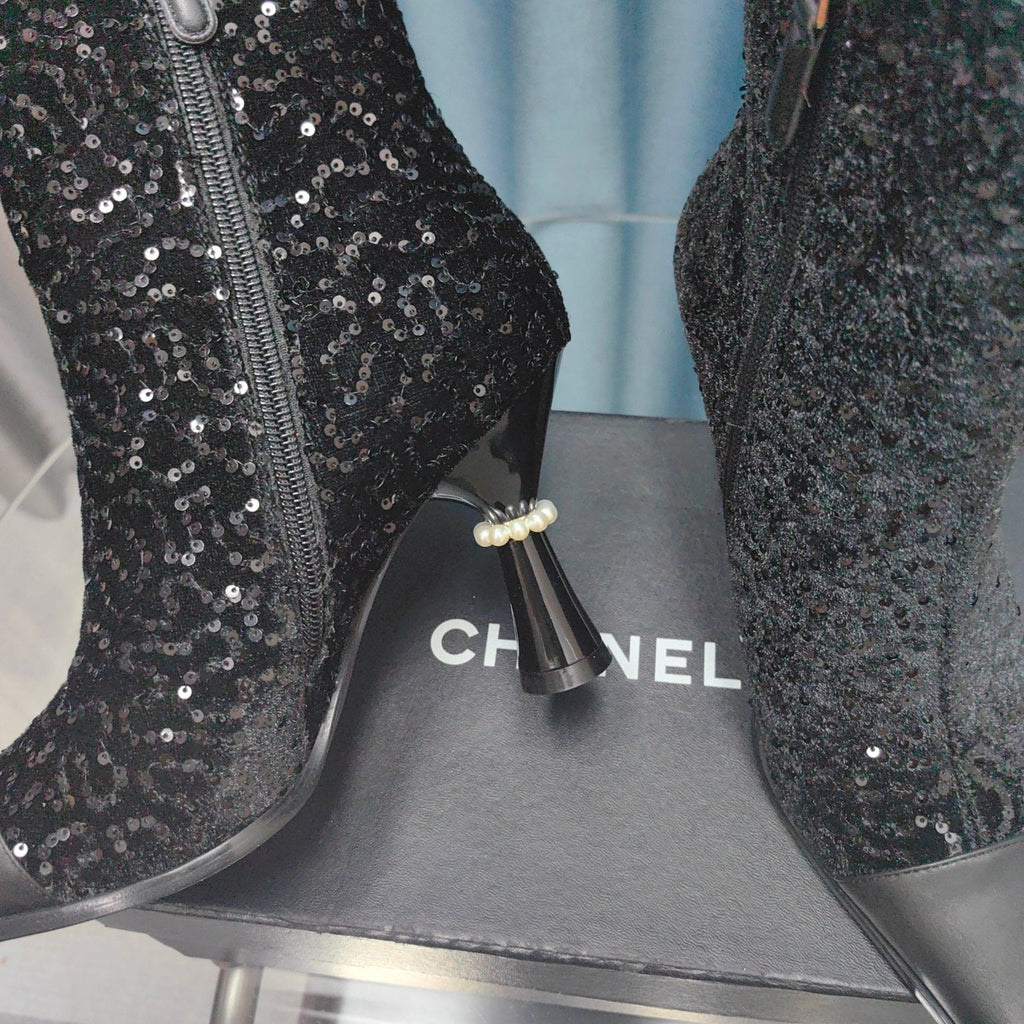CC Ankle Boots Black Beaded Fabric And Cowhide