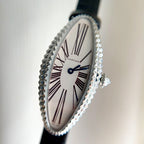 Vintage Baignoire 21mm Silver Diamond Case Black Leather