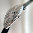 Vintage Baignoire 21mm Silver Diamond Case Black Leather