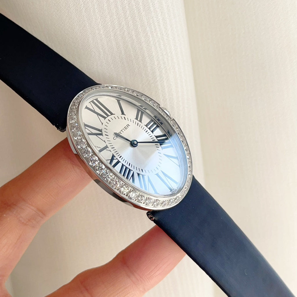 Baignoire 28mm Silver Diamond Case Black Silk Leather