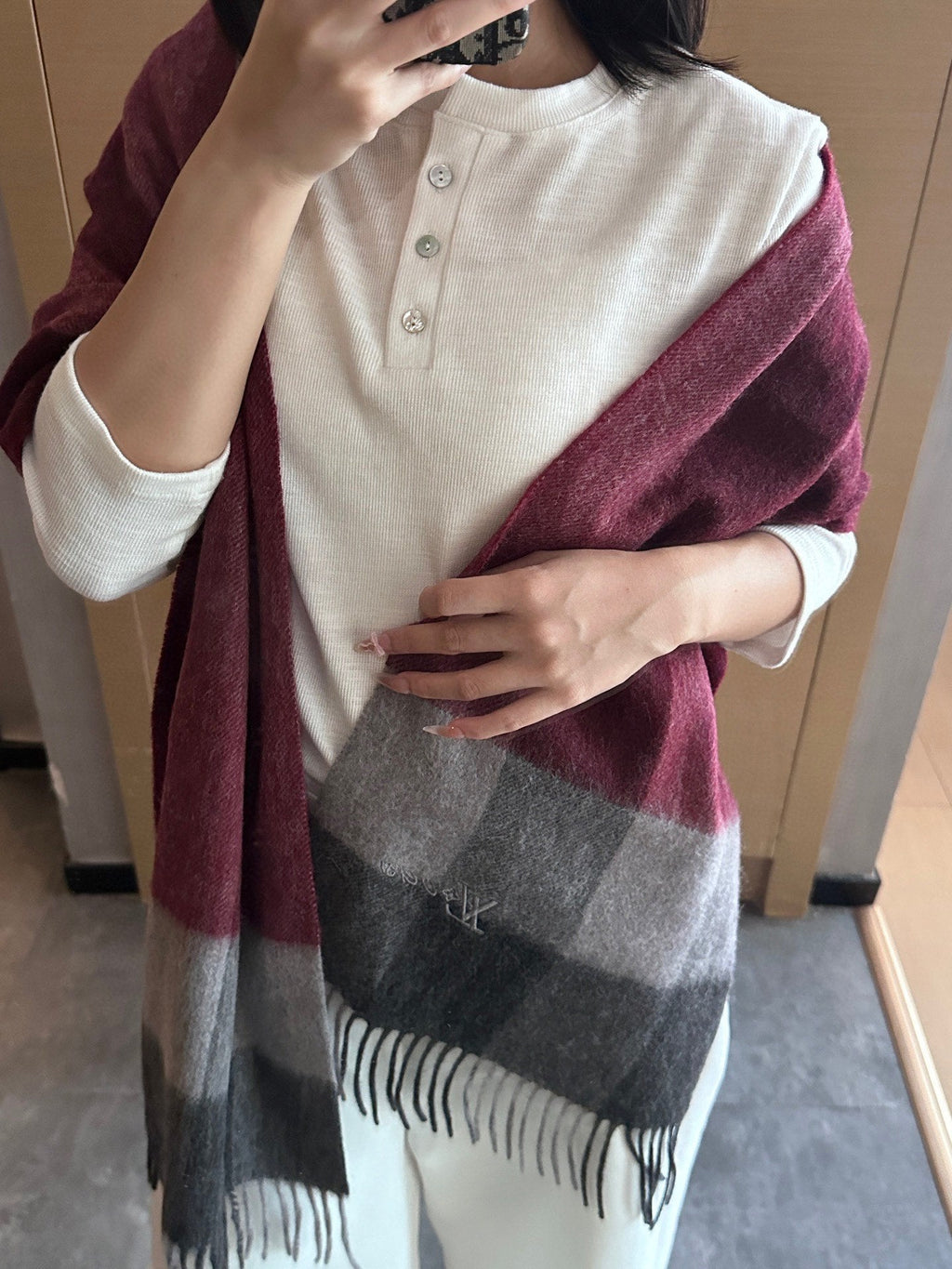 LV Scarf 185cm Burgundy Black Gray Wool Cashmere 977002