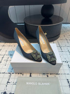 Manolo Blahnik Hangisi Embellished Pumps Black Satin  Leather
