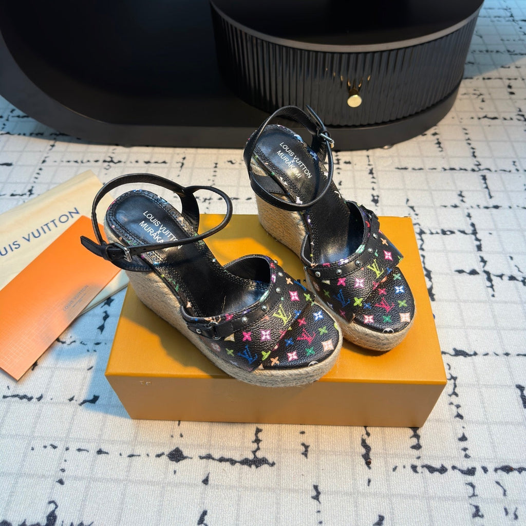 LV LV x TM Helios Wedge Sandal Black with Monogram Multicolore Leather 218917