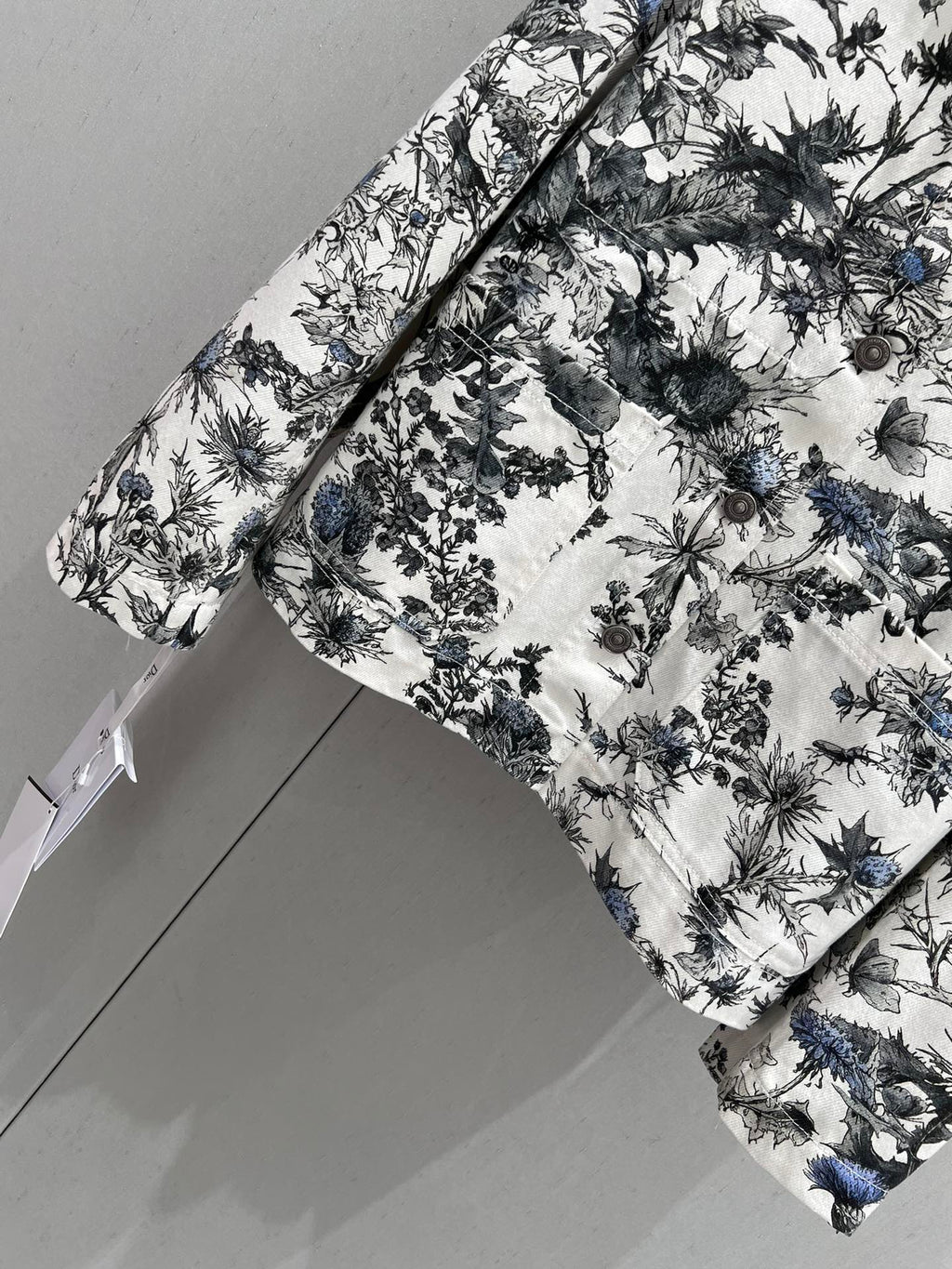 CD 25 Plant Flower Print Denim Jacket White Gray Cotton 205152