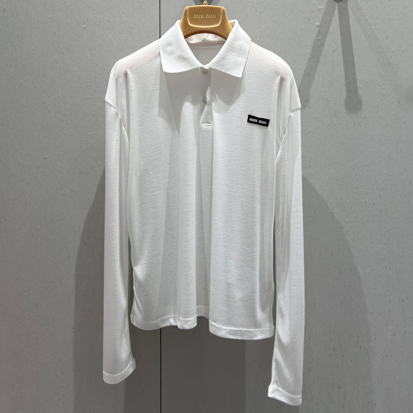 Miu Miu Ribbed Knitted Long-sleeved Polo Shirt White Cotton 208569