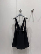Prada 25 Deep V Diamond Flower Suspender Dress Black Acetate Viscose 214029