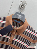 Prada 25 Striped Knitted Polo Short-sleeved Top Brown mix Black Cotton Poliamide 217945