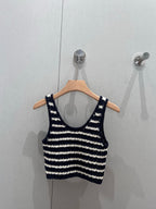 Prada 25 Striped Knitted Crop Top Navy Blue mix White Cotton 219409