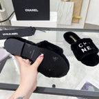 CC Slippers Black With White Lettering Fleece