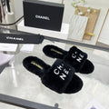 CC Slippers Black With White Lettering Fleece