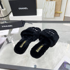 CC Slippers Black With White Lettering Fleece