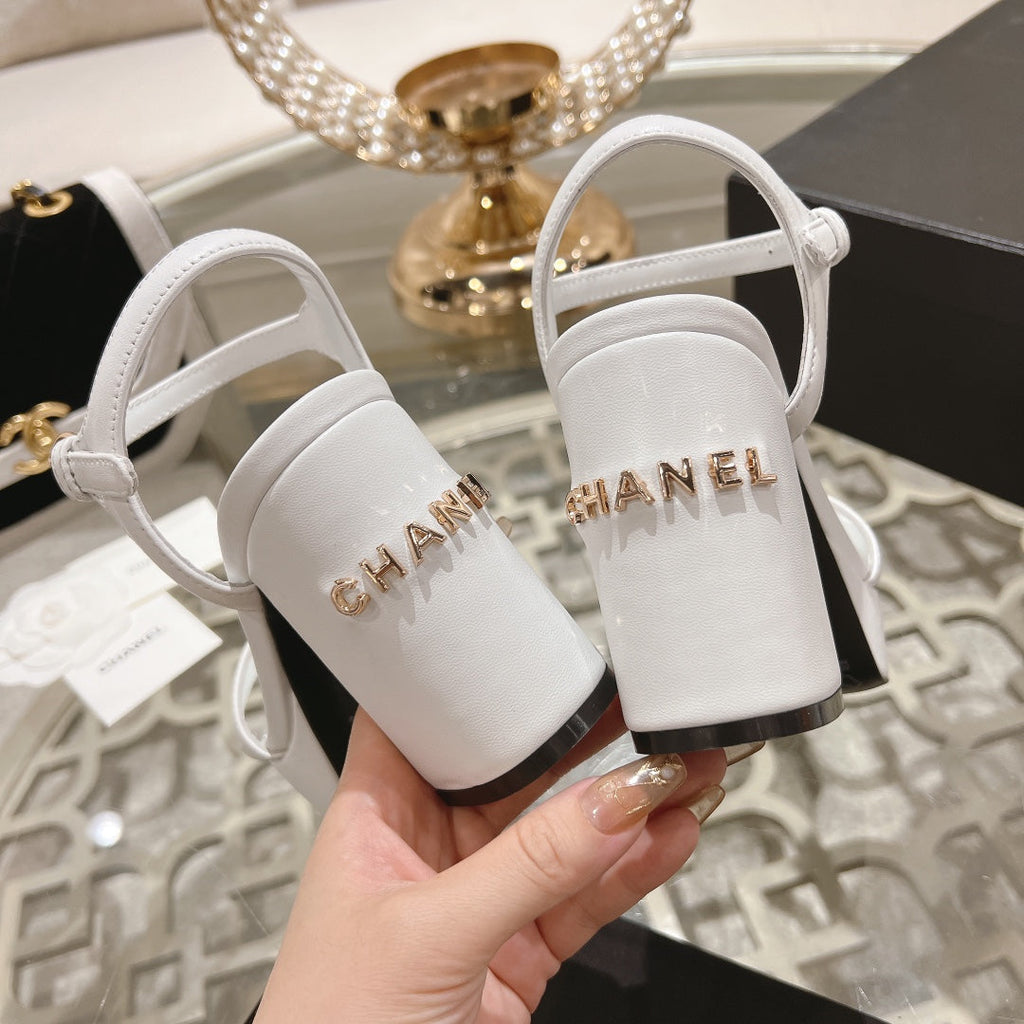 CC 25C 10CM Mid Heed Sandals White Italian Leather 213319