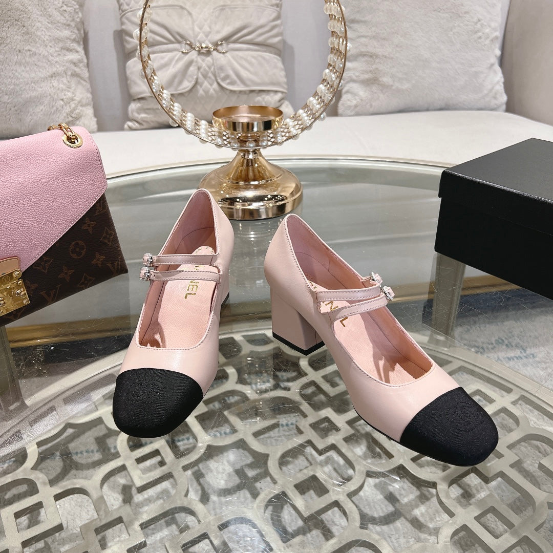 mary janes 60 double buckle light pink calfskin black grosgrain