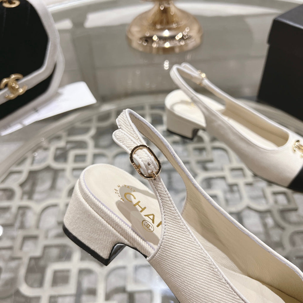 CC Slingbacks 35mm In Ivory White Mix Black Lycra Fabric And Lambskin 943263