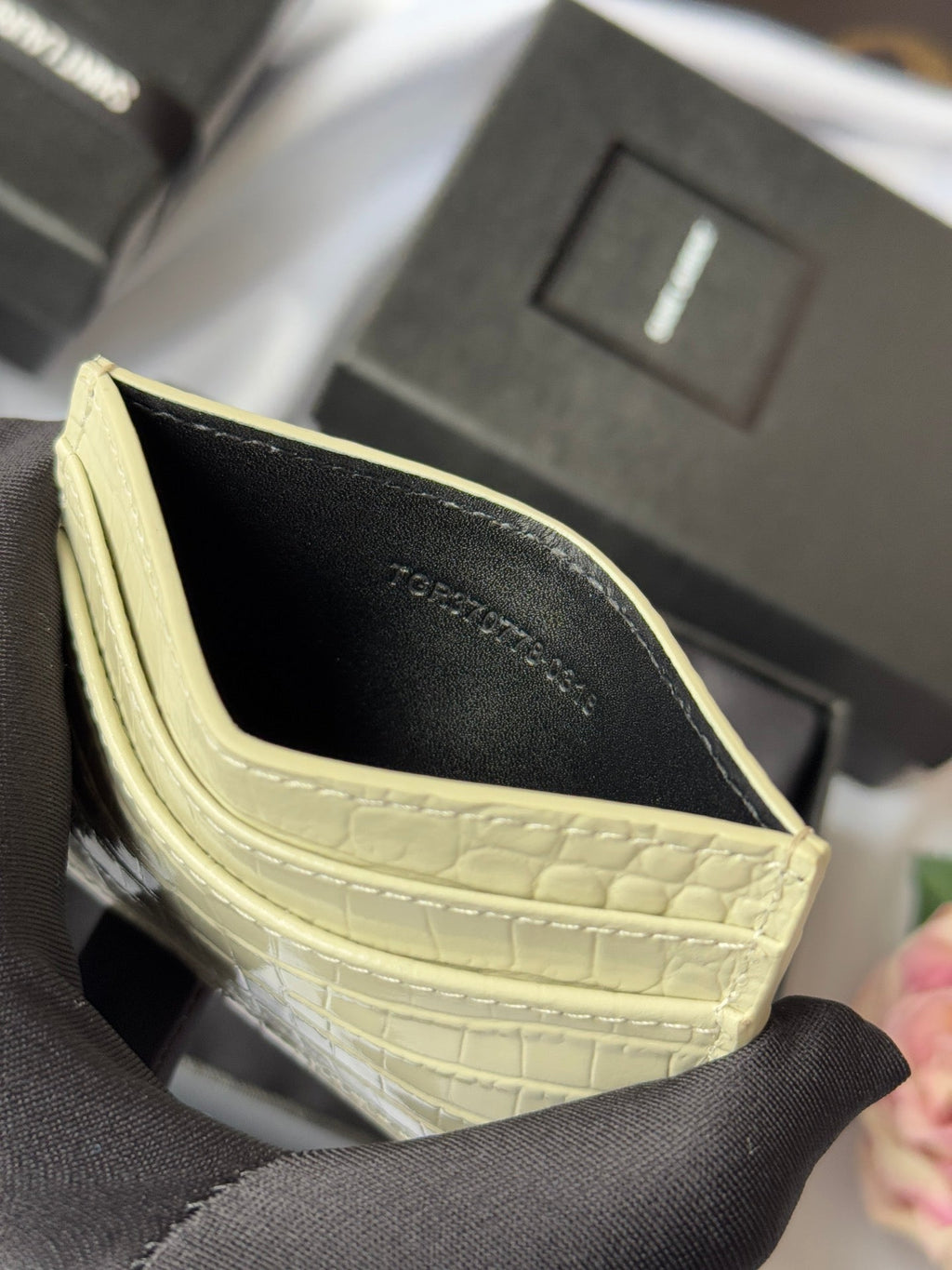 YSL Card Holder 10cm Wallet Cream Gold Crocodile Leather 240565