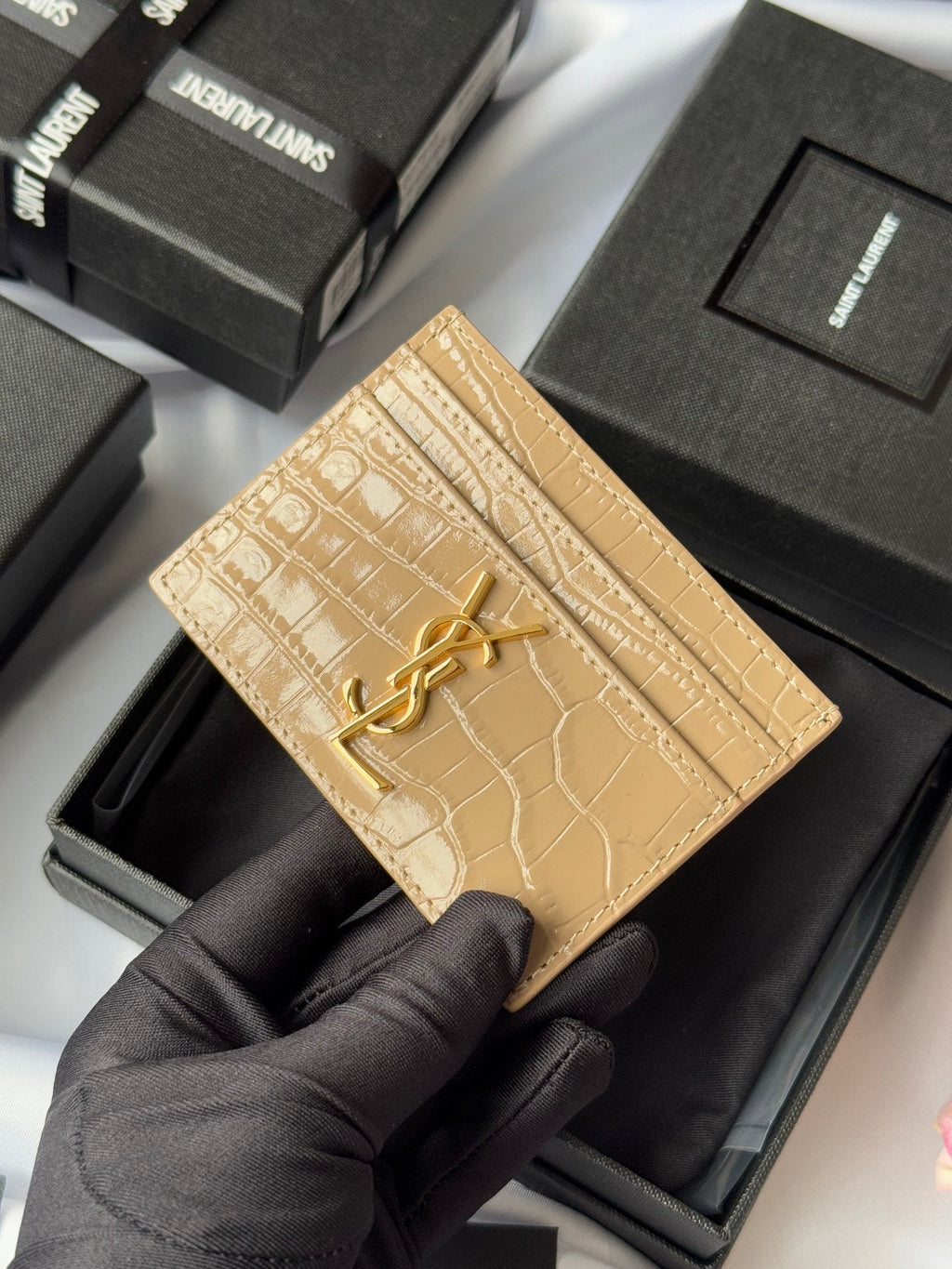 YSL Card Holder 10cm Wallet Beige Gold Crocodile Leather 240555
