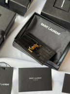 YSL Card Holder 10cm Wallet Black Gold Crocodile Leather 240550