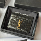 YSL Card Holder 10cm Wallet Black Gold Crocodile Leather 240550