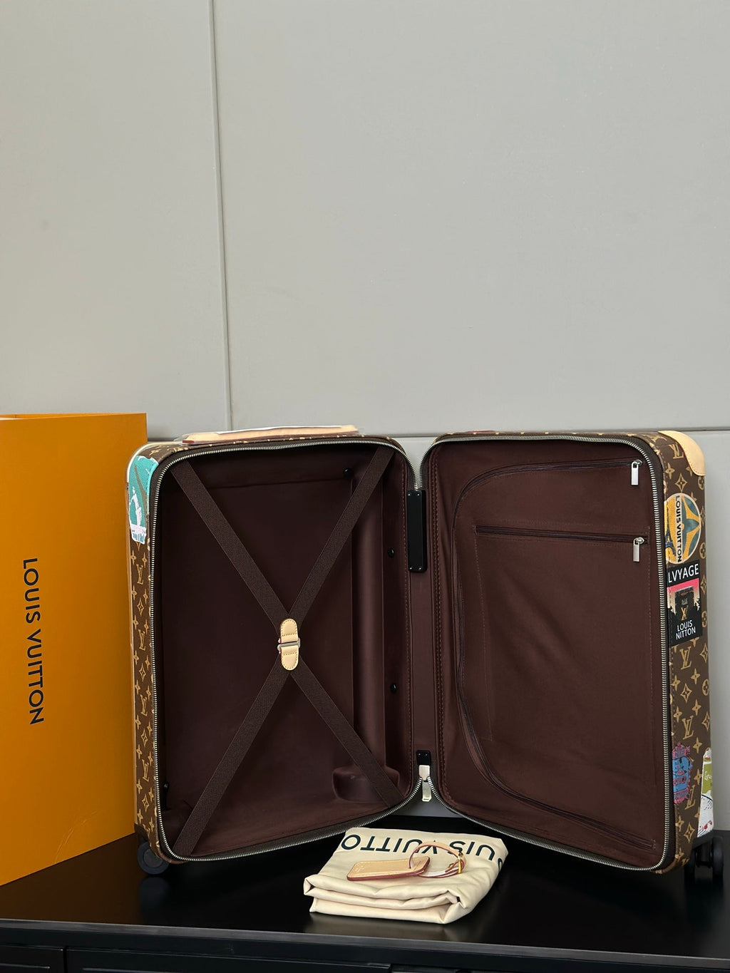 LV 2025 Horizon 55 Travel Stickers Suitcase Brown Beige Canvas Cowhide 273844