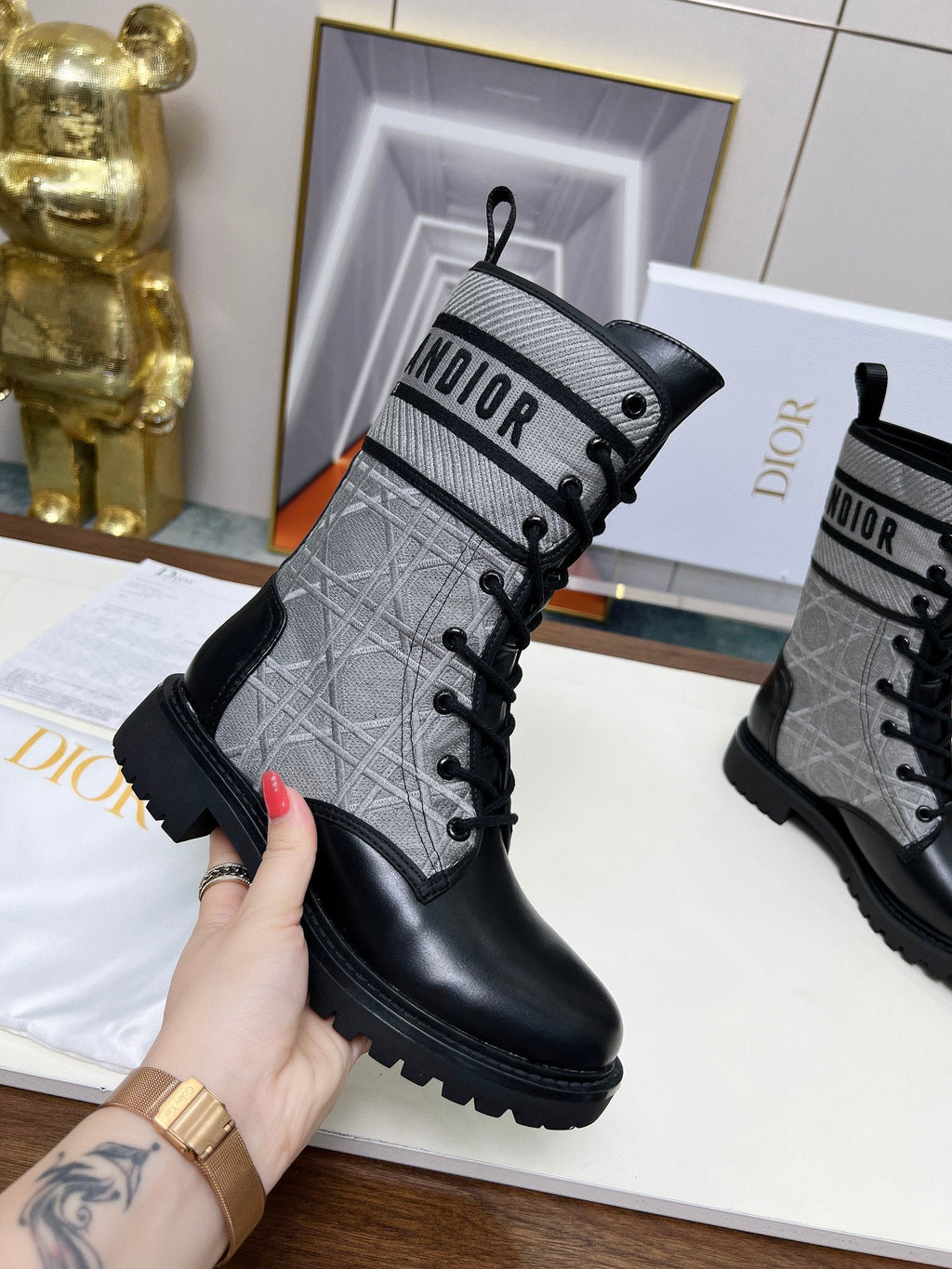 CD D-Major Ankle Boot In Grey Mix Black Denim Fabric And Lambskin  107724