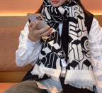 CC Scarf 178CM In Black White Mulberry Silk Mix Wool 424845
