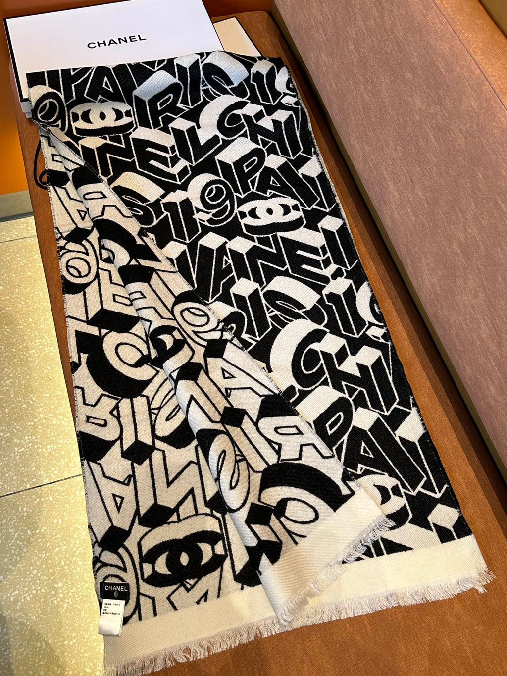 CC Scarf 178CM In Black White Mulberry Silk Mix Wool 424845