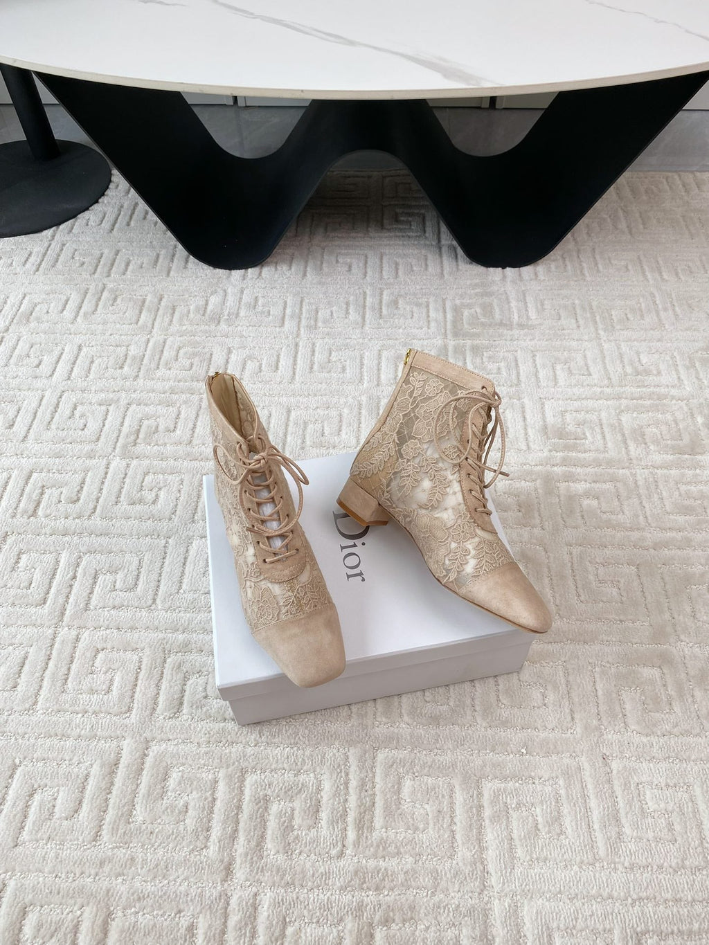 CD Naughtily-D Heeled Ankle Boot Beige Transparent Mesh Roses Embroidery And Suede