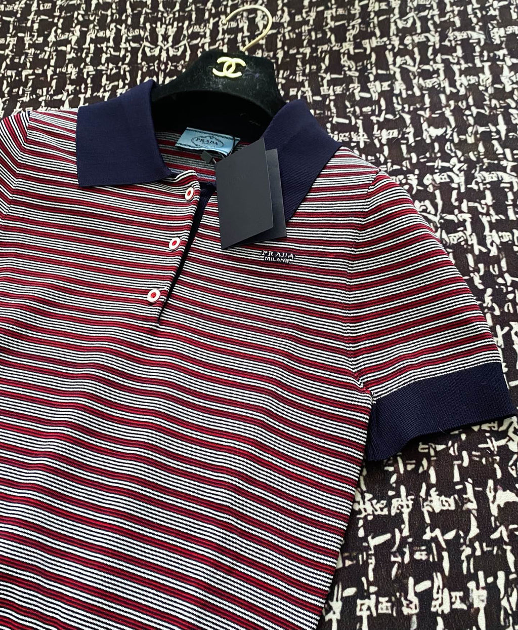 Prada 25 Striped Polo Shirt Navy Blue mix Red Tencel Wool
