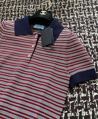 Prada 25 Striped Polo Shirt Navy Blue mix Red Tencel Wool