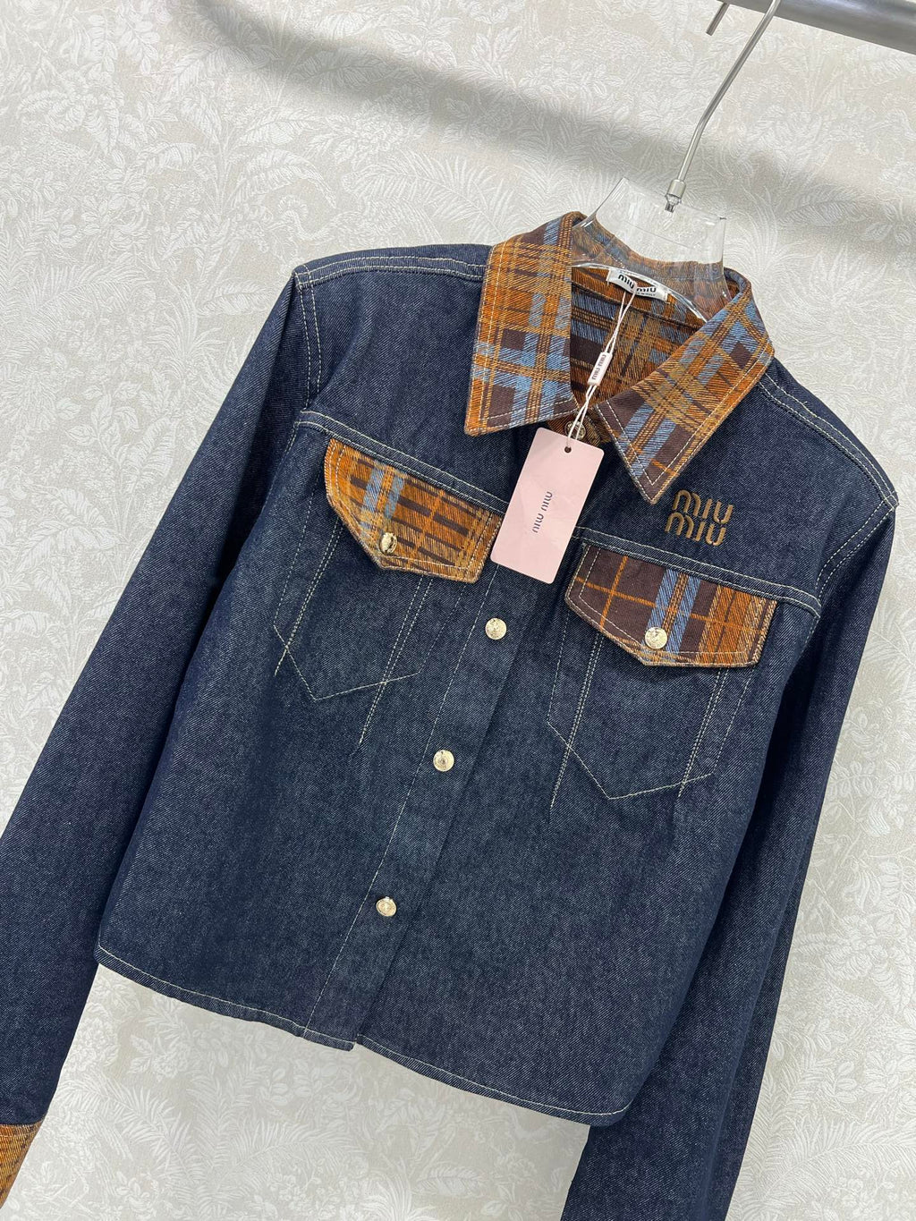 Miu Miu 25 Classic Plaid Pocket Denim Short Jacket