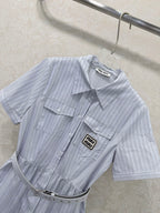 Miumiu 2026 Short-Sleeved Waist-Length Dress with Lapel Collar Blue Cotton 353015
