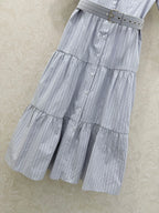 Miumiu 2026 Short-Sleeved Waist-Length Dress with Lapel Collar Blue Cotton 353015