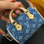 LV Micro Speed Bag Charm Blue Beige Canvas Leather