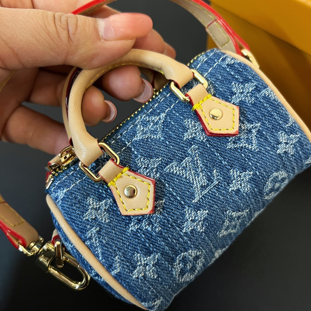 LV Micro Speed Bag Charm Blue Beige Canvas Leather